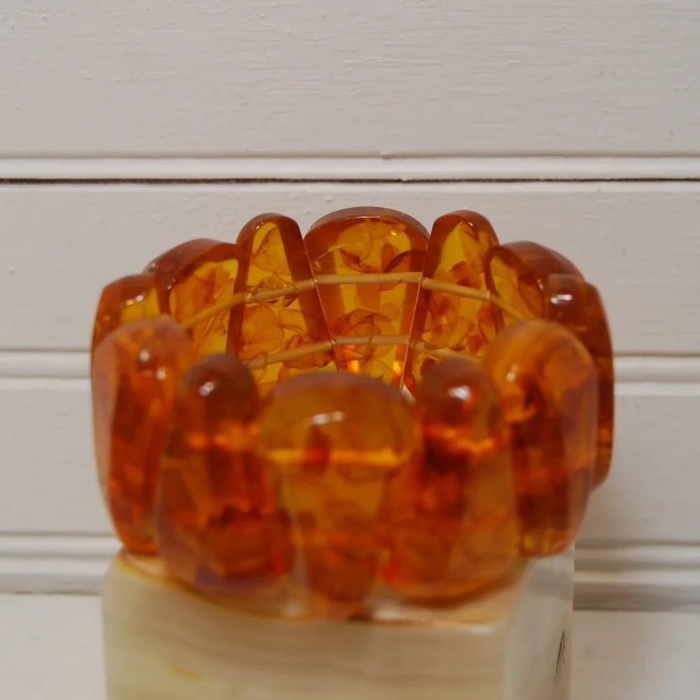Vintage cuff Bracelet‎ Tortoise Shell Bakelite beaded jewelry elastic Chunky 70s